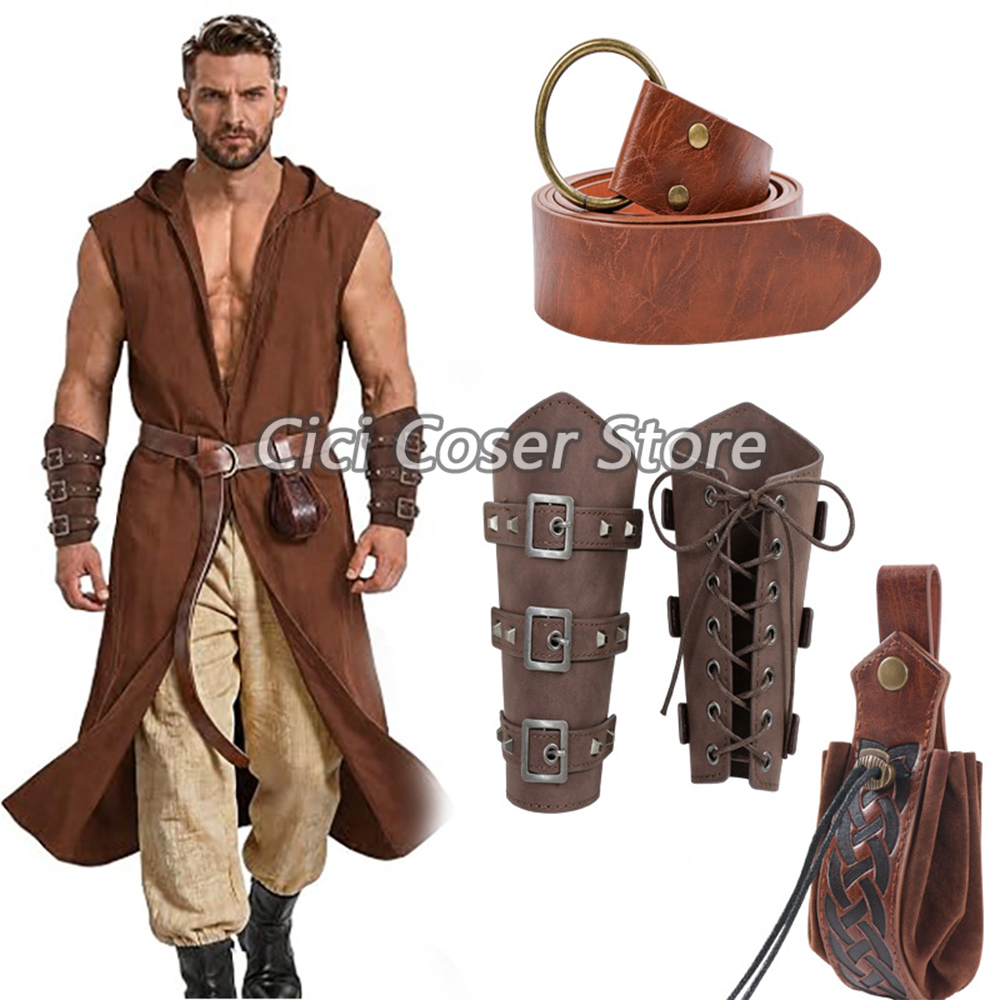 Cosplay Prop - Middeleeuwse PU lederen riem, armbanden, heuptas